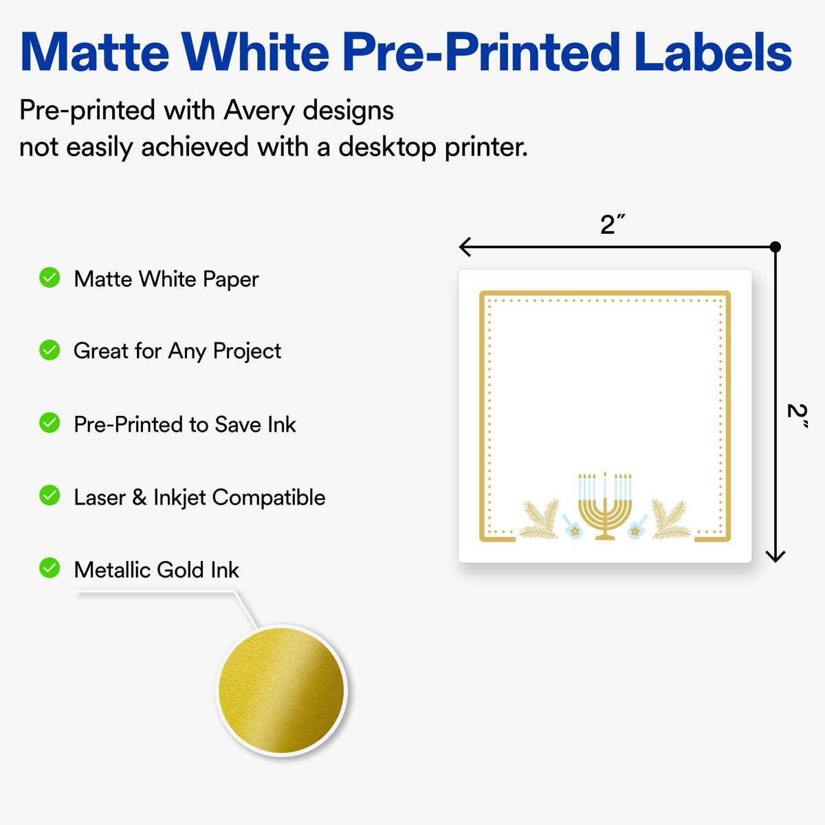 Avery® Labels, 2" x 2", Matte, Gold Menorah Frame, 120 - thumbnail 2