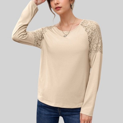 Anna-Kaci Women's Lace Raglan Sleeve Top with Sheer Floral Shoulder Detail