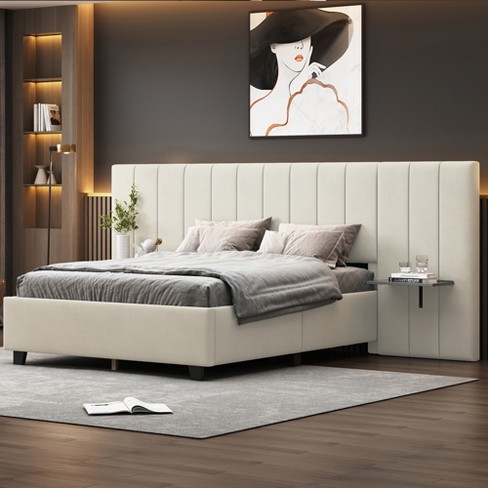 Full Size Velvet Upholstered Platform Bed With Big Headboard, Beige 4w ...