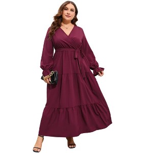 Plus Size Women's V Neck Long Sleeve Maxi Dress with Belt Flowy Elegant Floor Length Dress - 1 of 4