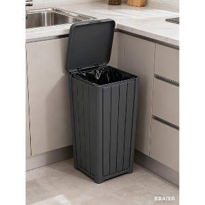 Gulches Indoor/Outdoor Resin Trash Can (15.16”L×15.55”W×30.71”H) – Black Vertical Slat Design, Secure Lid, Weather-Resistant - 1 of 4
