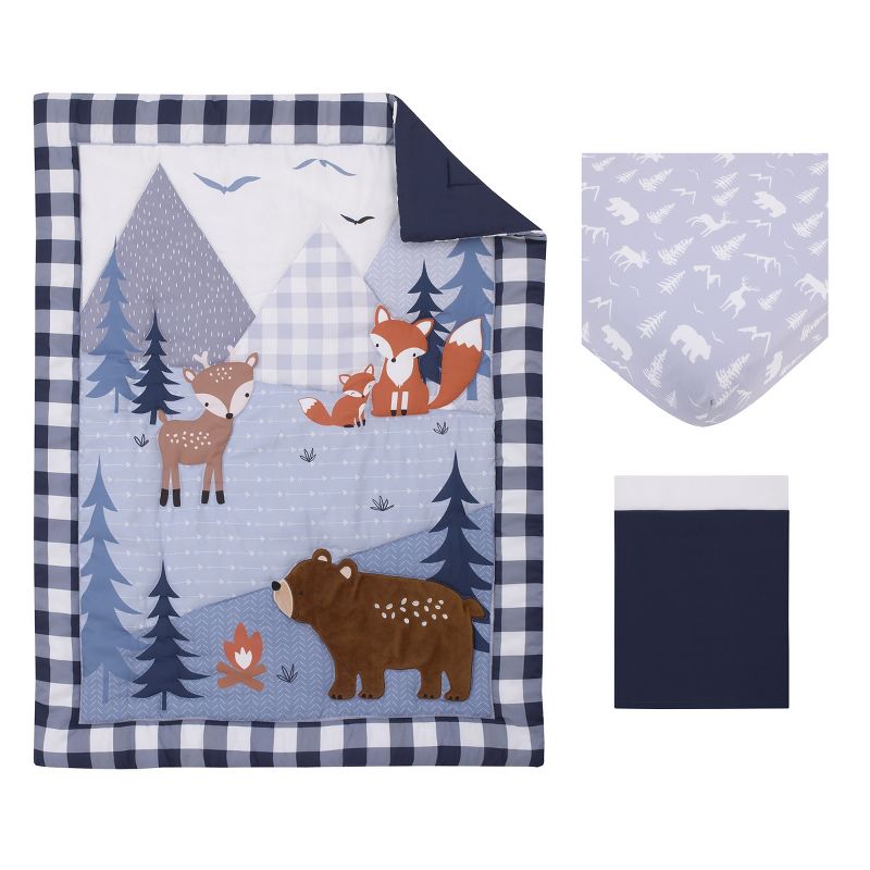 Little Love by NoJo National Park Navy Buffalo Check, Gray, Blue, and Brown Camping Bear, Deer, and Fox 3 Piece Nursery Crib Bedding Set, 5 of 8
