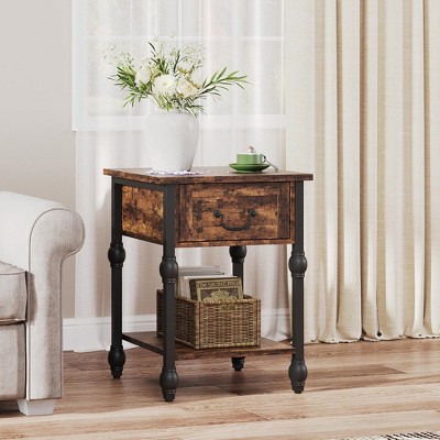 2-Tier Industrial Side Table with Drawer and Open Storage Shelf