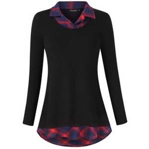 BLUEMING Womens Polo Shirts Color Block Faux Layering Shirts Plaid Shirts Teacher Shirts Everyday Tops - 1 of 4