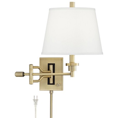 Barnes and Ivy Modern Swing Arm Wall Lamp Brushed Satin Brass Plug-In Light Fixture White Linen Empire Shade for Bedroom Bedside