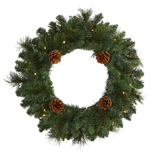 Nearly Natural 20-in Pine Artificial Christmas Wreath with 35 LED Lights and Pinecones - 1 of 4