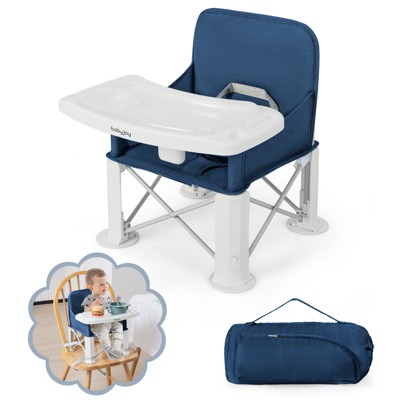Safstar Baby Travel Booster Seat, Portable Folding Toddler Floor Dining Chair with Removable Swivel Double Tray, 3-Point Safety Belt, Carry Bag