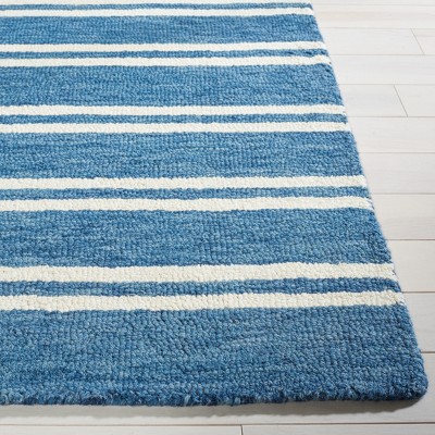 Blue and White Striped Hand-Tufted Wool 4' x 6' Rug