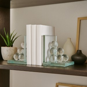 Decorative Glass Orb Bookends for Home Decor - Modern Book Ends for Office Desk, Home Library, or Entryway Accent - Set of 2, 6", Clear & Frost - 1 of 4