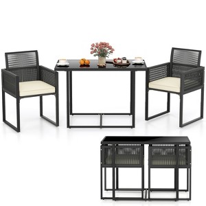 Tangkula 3 Pieces Patio Dining Set Outdoor Space-Saving PE Wicker Bistro Set with Cushions Patio Tempered Glass Top Table and Chairs Set - 1 of 4