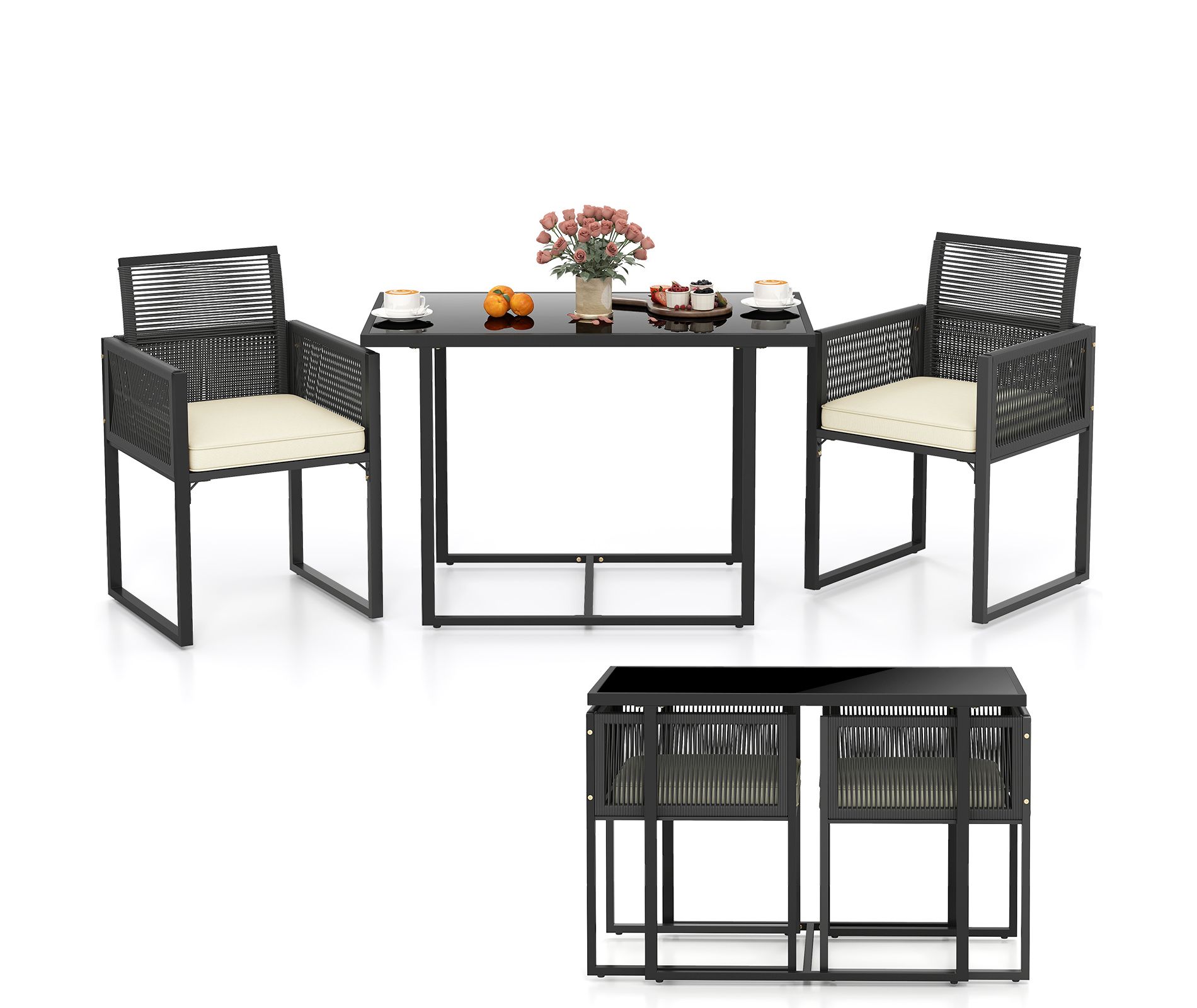 Tangkula 3 Pieces Patio Dining Set Outdoor Space-Saving PE Wicker Bistro Set with Cushions Patio Tempered Glass Top Table and Chairs Set