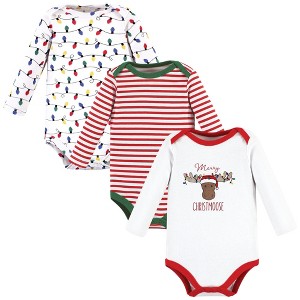 Hudson Baby Cotton Long-Sleeve Bodysuits, White Christmoose 3-Pack - 1 of 4