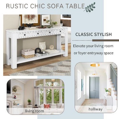 Sapphtopaz 63" Rustic Chic Console Table with 4 Drawers & Lower Shelf, Entryway Table with Storage, Solid Wood Entryway Sofa Table