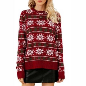 KOJOOIN Women's Christmas Snowflake Knit Sweater Long Sleeve Crewneck Lightweight Cozy Pullover Festive Winter Comfort Top - 1 of 4