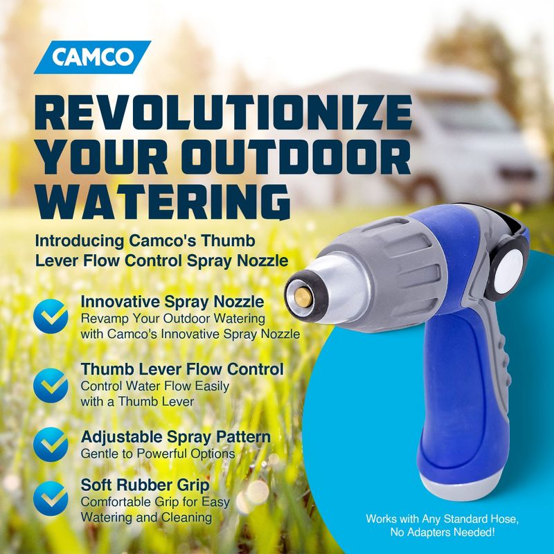 Camco 41986 Thumb Lever Knob Flow Control Spray Nozzle with Adjustable Spray Patterns and Rubber Comfort Grip, Fits All Standard Sized Hoses, Blue, 3 of 8