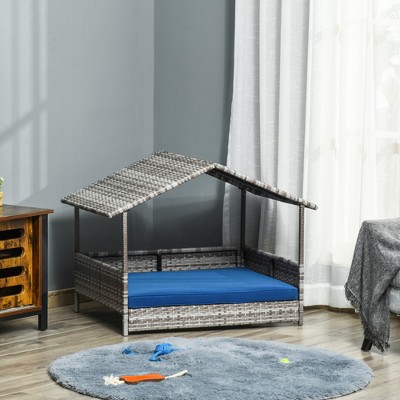 Medium Dark Blue Rattan Elevated Outdoor Dog Bed with Canopy