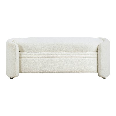White Boucle Upholstered Storage Bench with Wood Frame