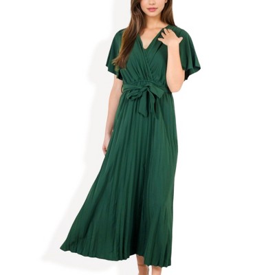 Anna-Kaci Women's V-Neck Flutter Sleeve Maxi Dress with Pleated Skirt and Waist Tie