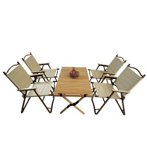Gulches 5-Piece Foldable Portable Dining Set - 1 Beech Wood Table + 4 Chairs (Aluminum Oak Grain Frame/Beech Armrests), Indoor/Outdoor - 1 of 4