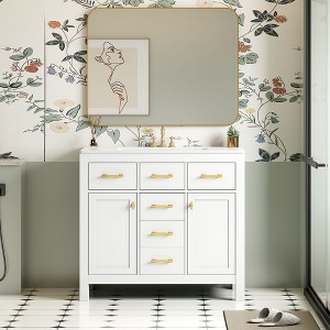 Okak Modern Freestanding Bathroom Vanity with Ceramic Sink,Solid Wood Bathroom Storage Cabinet with 2 Cabinets & 4 Drawers - 1 of 4