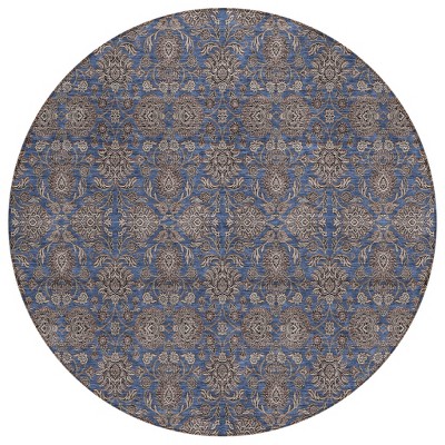 Navy Blue Beige And Taupe Floral Washable Indoor Outdoor Area Rug