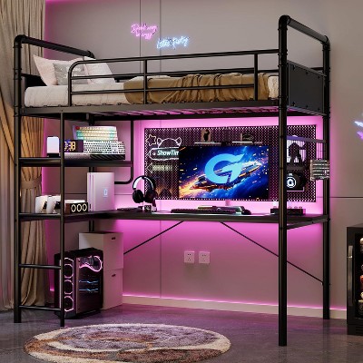 Loft Bed with L-Shaped Desk & Storage Shelf, Heavy Duty Metal Frame for Adults, Space Saving Design
