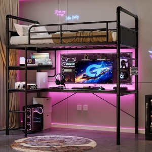 Loft Bed with L-Shaped Desk & Storage Shelf, Heavy Duty Metal Frame for Adults, Space Saving Design - 1 of 4