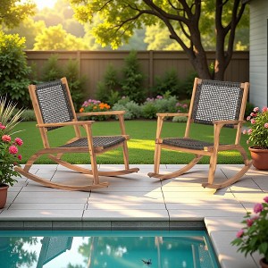 2-Piece Outdoor Acacia Wood Rocking Chair Set with Wicker Rattan Seat & Backrest - 1 of 4