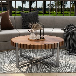 31.4-inliving room circular coffee table, modern natural wood grain handmade drum shaped coffee table, sturdy base coffee table - 1 of 1