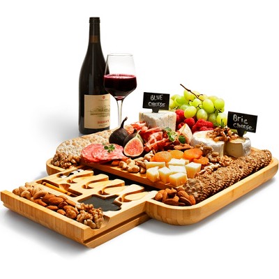 Bamboo Charcuterie Board Gift Set - Cheese Board with Hidden Drawer, Knives & Accessories - Housewarming, Wedding, and Holiday Gift - Bambüsi