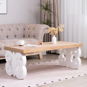 CAVINAS Farmhouse Style Ornate Wood Coffee Table with Carved Base,Rectangular Center Table for Living Room,Living Room Furniture - 1 of 4