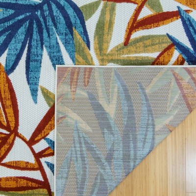 Red and Blue Tropical Leaf Flatweave Indoor/Outdoor Rug 5' x 7'