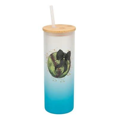 Elanze Designs 25 Ounce Frosted Glass Gradient Travel Tumbler With Straw and Wooden Lid, Softball With Black Bow Sky Blue