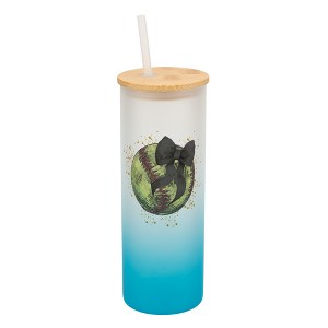 Elanze Designs 25 Ounce Frosted Glass Gradient Travel Tumbler With Straw and Wooden Lid, Softball With Black Bow Sky Blue - 1 of 1