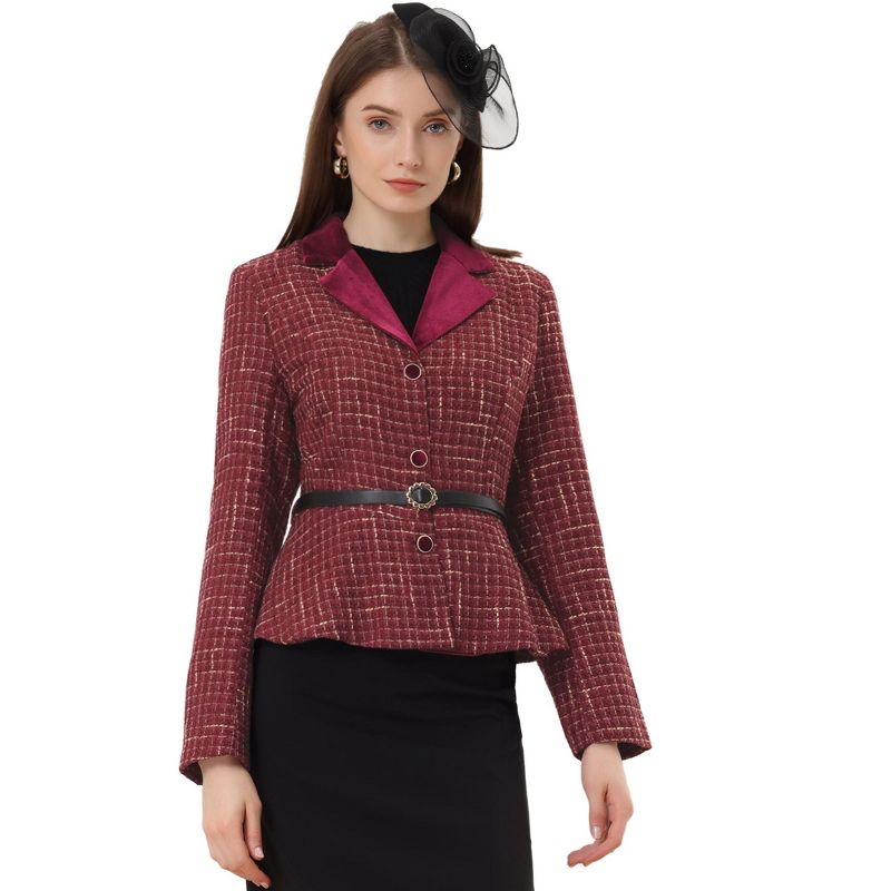 Allegra K Women's Vintage Tweed Plaid Notched Collar Work Office Blazers with Belt, 4 of 6