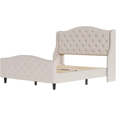 Bed Frame, Upholstered Bed Frame with Headboard and Footboard, Modern Linen Design, Button Tufted with Rivets, No Box Spring Required