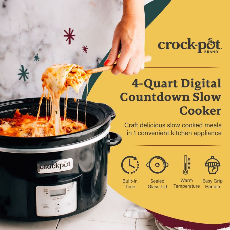 Crock-Pot 4 2091290 Quart Capacity Intelligent Count Down Timer Slow Cooker Small Kitchen Appliance, Black, 2 of 7