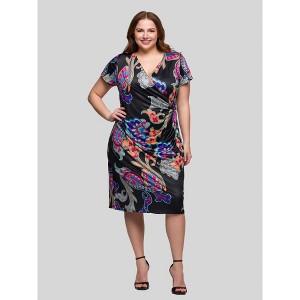 24seven Comfort Apparel Plus Size Black Paisley Knee Length Short Sleeve Faux Wrap Dress - 1 of 4