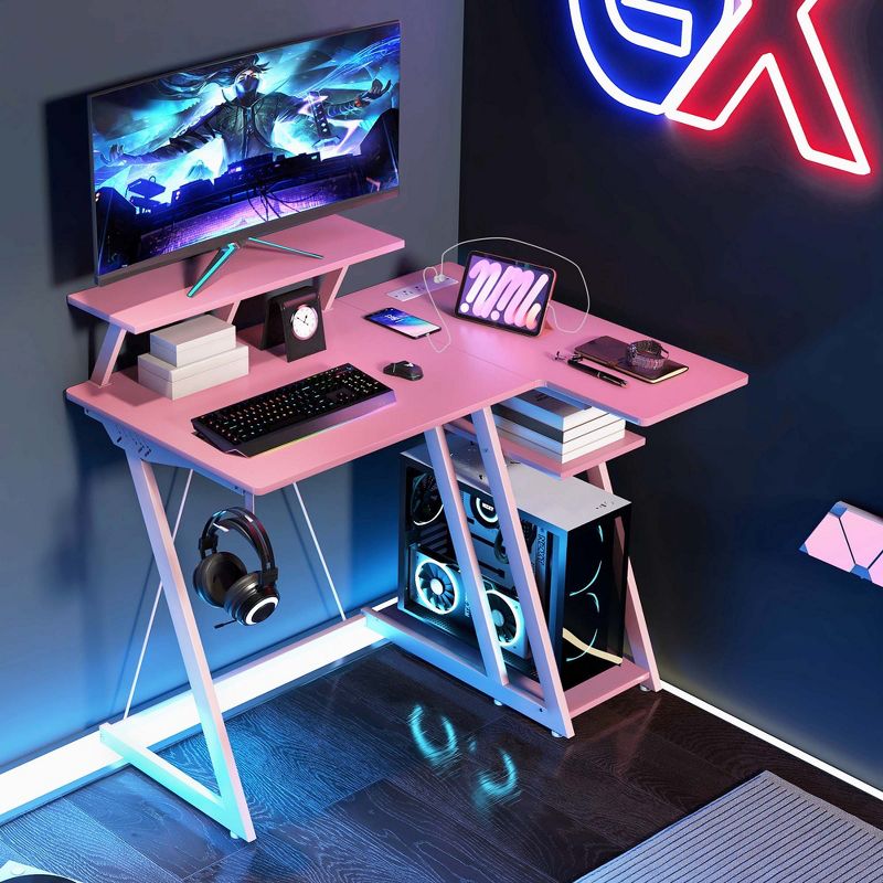 Costway L Shaped Gaming Desk with Outlets & USB Ports Monitor Shelf Headphone Hook Black/White/Pink, 2 of 11