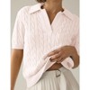 Women's Cable Short Sleeve Sweaters Tops Solid Lapel V Neck Cable Knit Casual Soft Pullover Shirt - 2 of 4