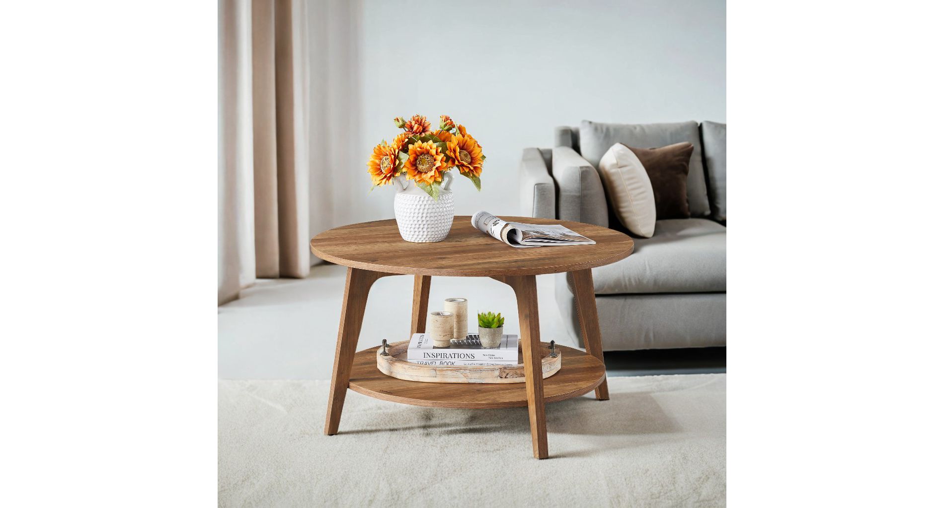 Honey Brown Round Coffee Table with 2 Tiers of Storage, Measuring 31.5 x 17.7 Inches, Ideal for the Living Room