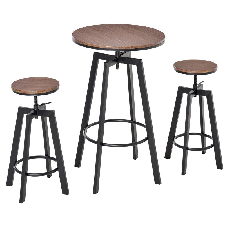 HOMCOM 3 Piece Industrial Adjustable Dining Table Set, Bar Height Bistro Table and Swivel Pub Stools for Small Space, 1 of 9