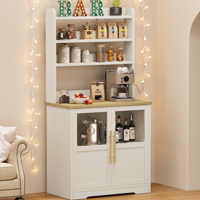 Bakers Rack with Storage Cabinet, 6-Tier Kitchen Rack with Power Outlet - Microwave Oven Stand, Farmhouse Coffee Bar Cabinet