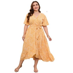 Womens Plus Size Floral Dress V Neck Wrap Dresses - 1 of 1