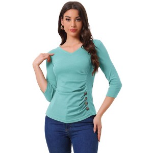 INSPIRE CHIC Women's V Neck 3/4 Sleeves Solid Knitted Buttons Decor Ruched Blouse - 1 of 4