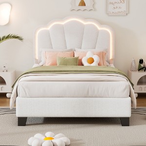 NicBex Twin Upholstered Bed Frame with Elegant Flower-Shaped Headboard,Adjustable Headboard with LED Lights,Wood Slats Support,Easy Assembly,White - 1 of 4