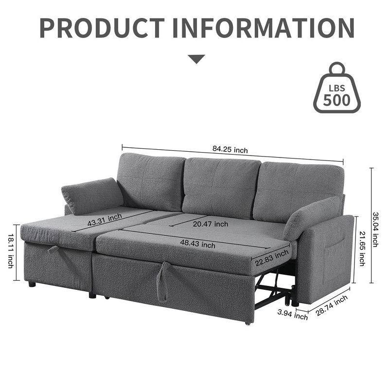 84.2" Sleeper Sofa Bed,Pull Out Sofa Bed with Storage Chaise L Shape Sectional Sofa, 2 of 9