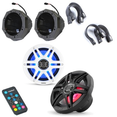Clarion RGB LED UTV 6.5" Marine Speaker Bundle including Black & White speaker grills, SSV Works 6.5" speaker pods and 1.5" cage mounts