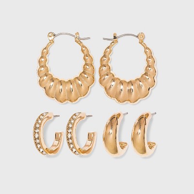 Multi-Texture Hoop Earring Trio Set - A New Day™ Gold