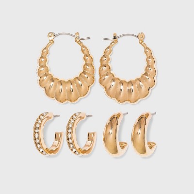 Multi-Texture Hoop Earring Trio Set 3pc - A New Day&#8482; Gold